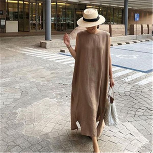 

2021 new summer cotton solid sleeveless split vest o neck loose ankle-length tank es women by25, Black;gray