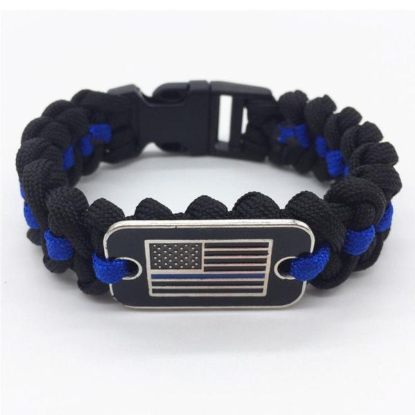 

thin blue line survival weave paracord bracelet with amercia flag charm