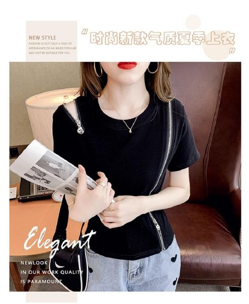 

women's t-shirt zipper short sleeve t - shirt women slim style, White