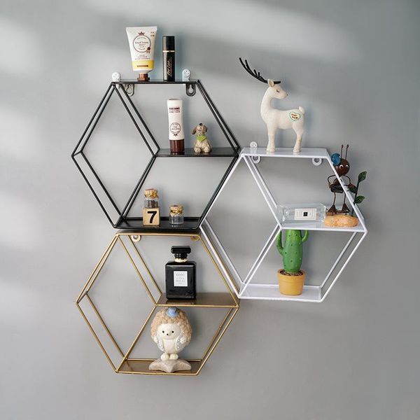 

nordic iron hexagonal grid wall storage rack creative wall mounted decoration shelf organizer home decor for living room bedroom