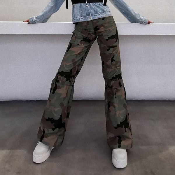 

print camouflage wide leg pants for women high waist hit color casual straight cargo pant female fashion new tide, Black;white