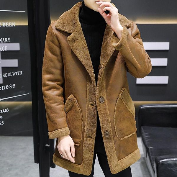 

men's wool & blends 2021 winter thick fake fur windbreaker coat outerwear male streetwear vintage long jacket trench warm, Black