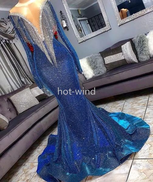 2022 Royal Blue Pailletten Prom Party Kleider mit glänzenden Quasten lange Ärmel Meerjungfrau Abendkleider 2K19 formelles Kleid nach Maß EE