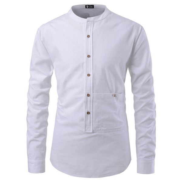 

new men's solid color hedging pocket decoration pullover stand-up collar long-sleeved shirt men's british style plus size shirt dc, White;black