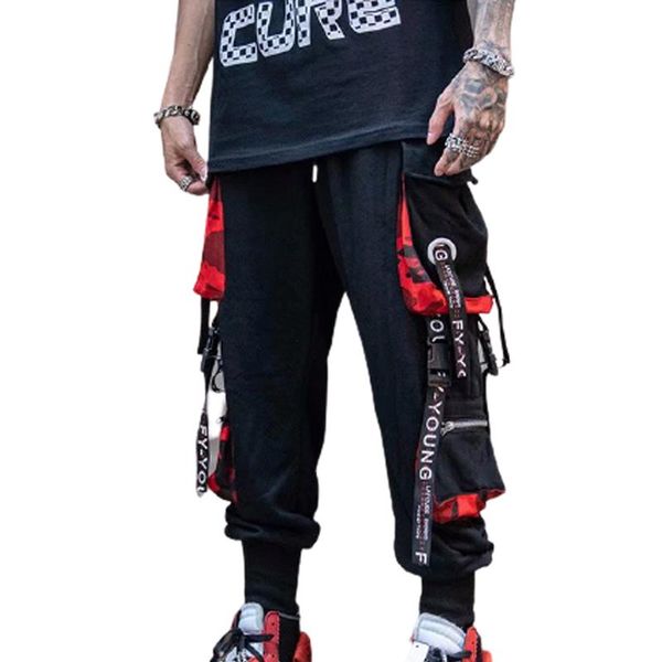 

men's pants men sport streetwear letter ribbons cargo pockets track tactical casual techwear male trousers tie feet, Black