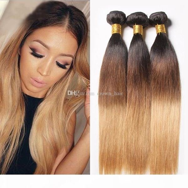 

new arrival honey blonde #1b 4 27 hair extensions straight ombre human hair weaves 3pcs lot brazilian straight 3 tone hair weaves, Black