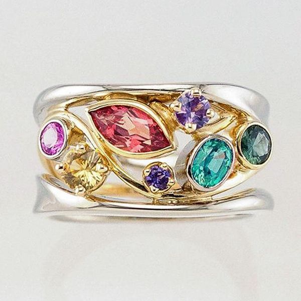 

wedding rings luxury female rainbow crystal stone ring charm gold silver color for women trendy geometry big engagement, Slivery;golden
