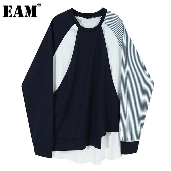 

[eam] loose dark blue striped irregular sweatshirt new round neck long sleeve women big size fashion spring autumn 1z857 201127, Black