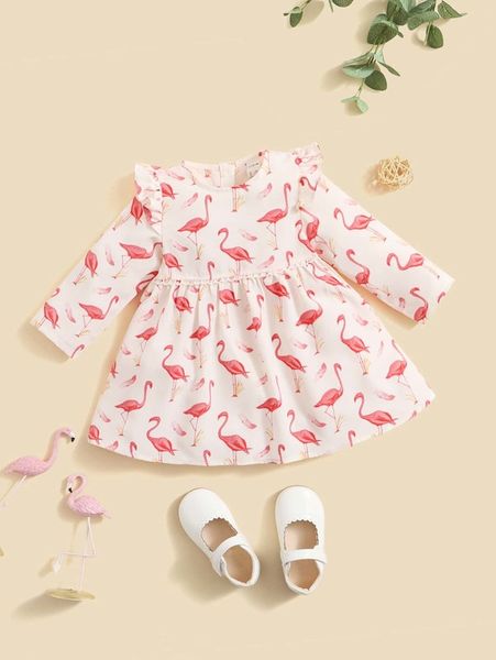

baby flamingo print ruffle dress she, Red;yellow