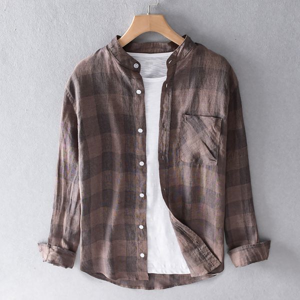 

2021 spring new plaid linen stand collar loose leisure shirts for men fashion long-sleeved brand shirt mens chemise 3g05, White;black