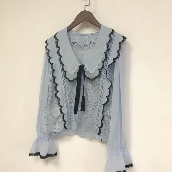 

lace hollow out shirt women bowknot sweet v-neck flare sleeve 2021 spring new qj8k, White
