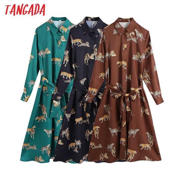 Tangada mulheres tigre impressão camisa vestido com slash vintage manga comprida girar colarinho feminino elegante midi vestidos be346 210609