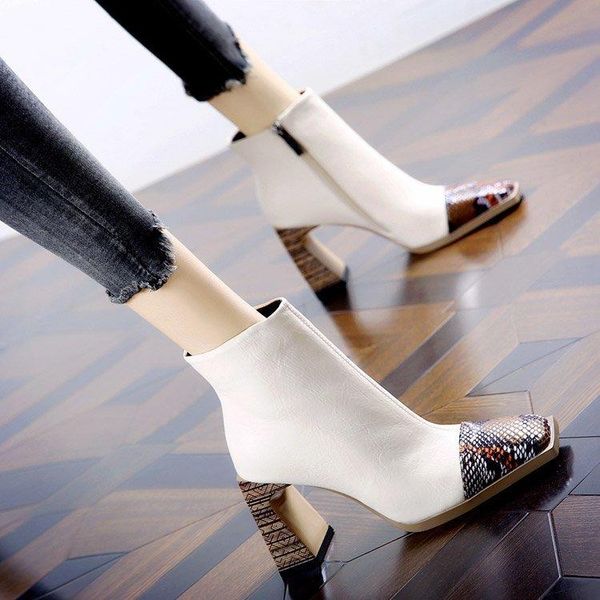 

boots square head snakeskin ankle women pumps heel booties winter high single zapatillas mujer 2021, Black
