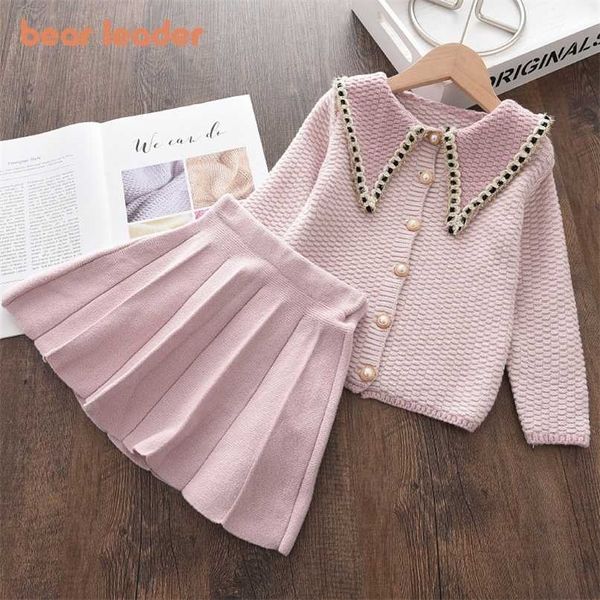 Urso líder meninas bebê inverno de malha roupas conjuntos de moda crianças elegantes camisolas xadrez tops e saia roupas princesa knitwear 211021