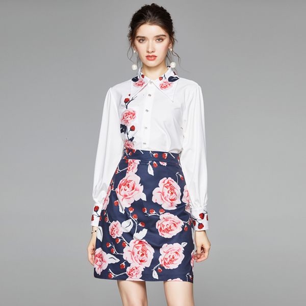 

2021 new merchall fashion runway autumn skirts two piece women's print long sleeve shirts blouses + vintage mini skirt set iq2r, Black;gray