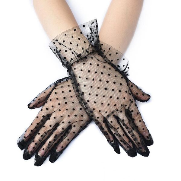 

five fingers gloves 1 pair summer women thin short tulle stretchy lace spots sheers flexible accessories full finger silk, Blue;gray