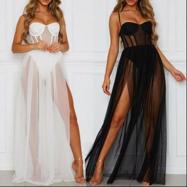 

summer 2pcs dress womens perspective mesh gauze sleeveless backless party dress black white long maxi dresses sundress, Black;gray