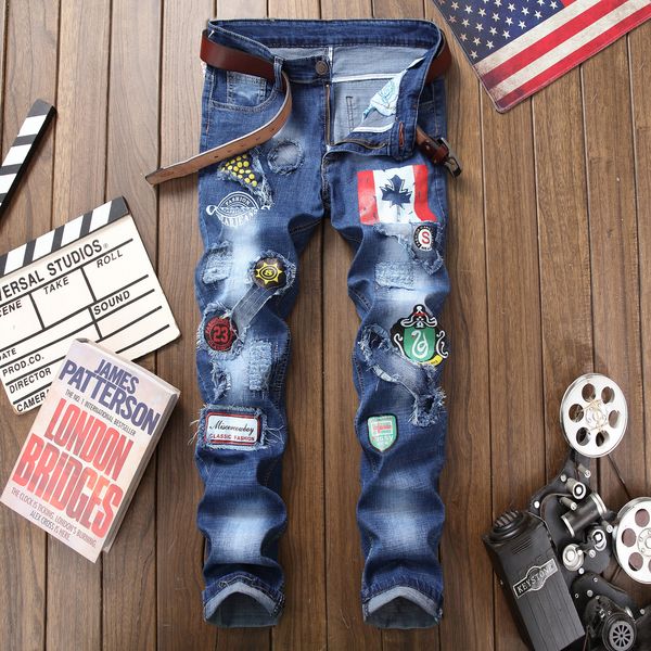 

2021 new men ripped slim fit distressed patches male streetwear hip hop hole pants biker denim trousers phaw, Blue