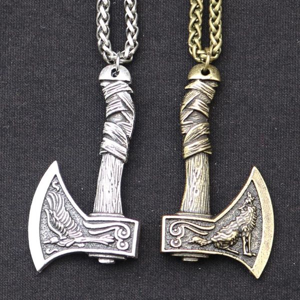 

pendant necklaces odin norse viking wolf and raven axe amulet witchcraft necklace wicca pagan slavic perun for men boys, Silver