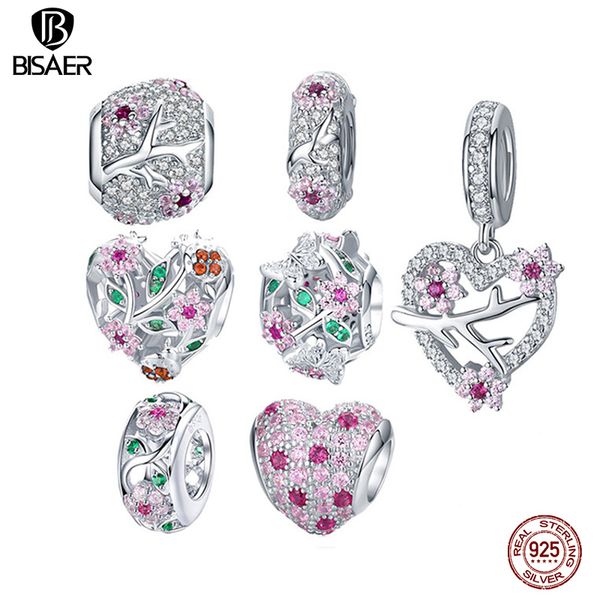 BISAER Regalo Di Natale 100% 925 Sterling Silver Plum Blossom Perline Fiore Rosa Zircone Fascino Misura Il Braccialetto Gioielli FAI DA TE Che Fanno Q0531