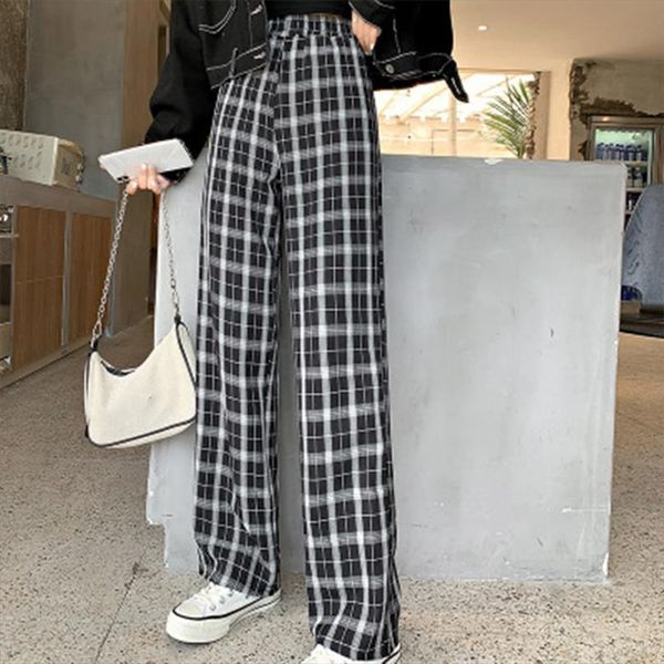 

trousers checkered high elastic waist womens capris straight plaid wide leg loose casual spring summer streetwear girl, Black;white