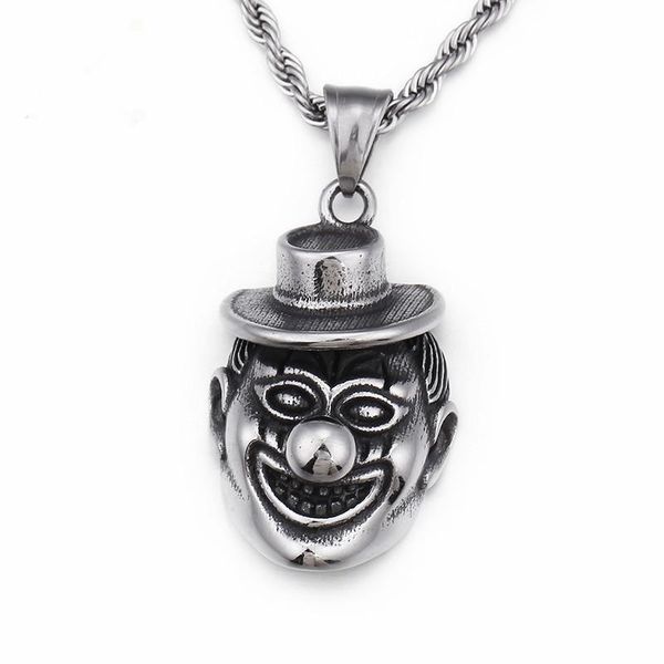 

pendant necklaces hip hop clown necklace men's stainless steel gold harlequin with cap 60cm link chain jewelry, Silver