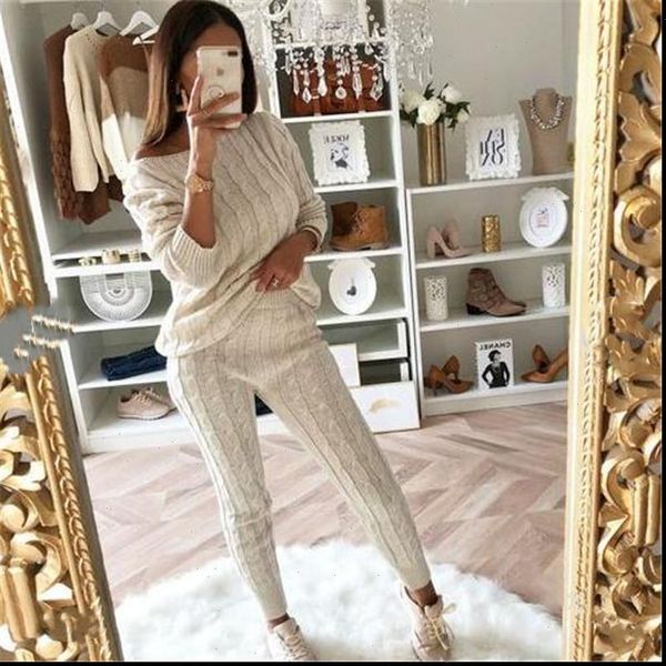 

2021 autumn womens arrival solid 2 piece set casual knitted tracksuit sportswear warm sweater long pants outfits, Gray