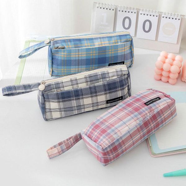 

pencil bags portable high-capacity grid pen bag ins striped cloth stationery school supply student pouch