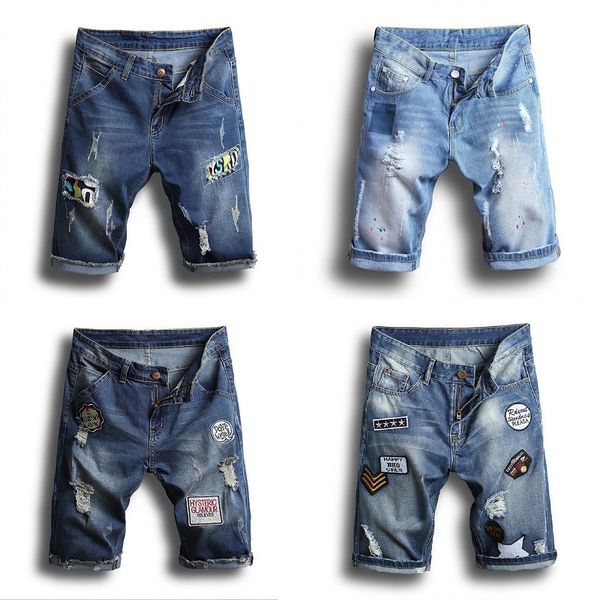 

gentlemen zomer gat mode patch big mate katoon men right knee length random denim shorts, Blue