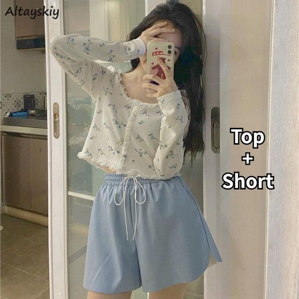 

women's tracksuits shorts sets women summer fashion korean style floral lovely wide leg t-shirt long sleeve thin girls crop street coll, Gray