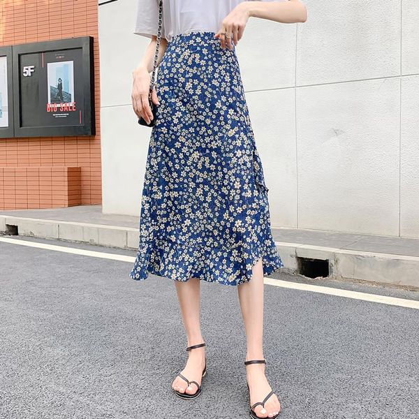 

skirts summer 2021 floral chiffon women's a-line spring small print daisy long, Black