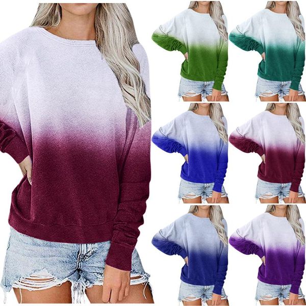 

women's blouses & shirts plus size fashion gradient color blouse lady casual loose o-neck tee female womens long sleeve shirt autumn b, White
