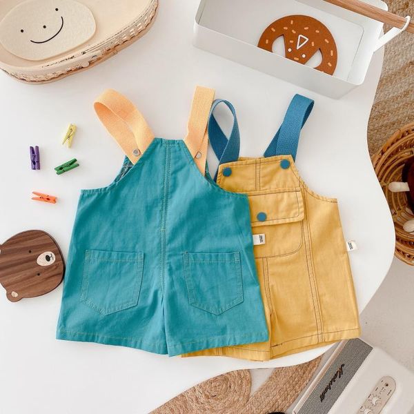 

trousers handsome boys summer solid button cotton casual short pants toddler kids baby girls overalls 3m-5y, Blue