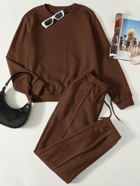 

solid pullover & seam front sweatpants set t8hz#, White
