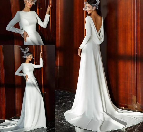 

modest muslim wedding dress shawl back elegant o neck long sleeves arabic bridal gown simple plain bride dresses vestidos de noiva, White