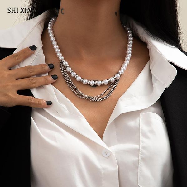 

chokers shixin imitation pearl beads choker necklace colar with stainless steel chain tassel pendant necklaces for women fashion jewelry, Golden;silver