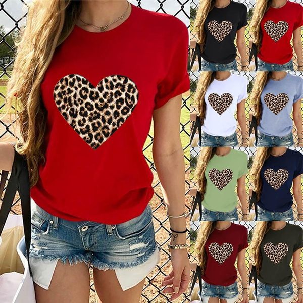 

women valentine day shirts casual short sleeve o neck leopard print heart-shaped harajuku ropa mujer @45, White