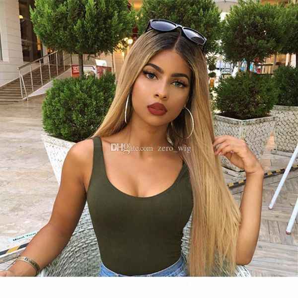 

straight glueless full lace wigs remy human hair with baby hair ombre 1b 27 dark roots blonde for black women, Black;brown