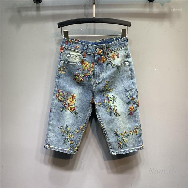 

women's jeans half women 2021 summer elastic denim five-point straight pants high waist slimming floral print trousers, Blue