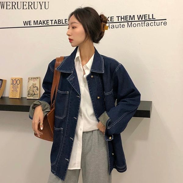 

women's jackets werueruyu dark blue washed denim jacket retro long-sleeved fashion all-match stand-up collar, Black;brown