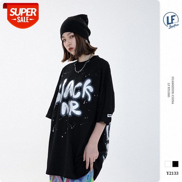 

lawfoo national men's clothing splash ink graffiti font printing loose short-sleeved t-shirt #2y1d, White;black