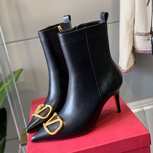 

boots high heel leather for women metal pointed toe stiletto ankle fashion autumn winter sheepskin zipper party shoes 8cm, Black