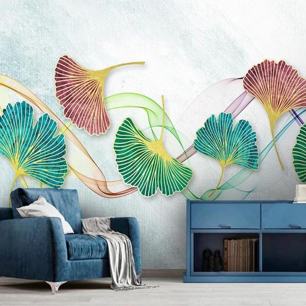 

custom 3d watercolor striped ginkgo leaves decoration wall mural painting waterproof canvas fabric p wallpaper living room