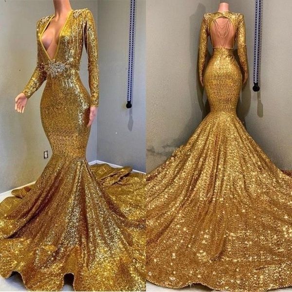 

arabic 2021 new v-neck mermaid gold evening full sequined long sleeves party es prom gown africa girls vestido de festa 67dr, Black;red