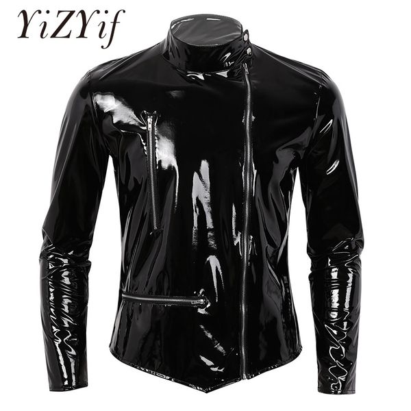 

men's leather et, front zipper long sve coat, punk style, motorcycle, Black