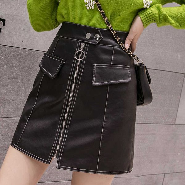 

high waist vintage pu leather mini pencil skirts autumn winter streetwear casual retro a-line skirt female saias 210601, Black