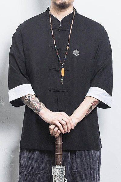 

men's casual shirts aransue summer chinoiserie large size button up shirt tang dynasty thin coat han blouse cotton linen ancient outwea, White;black