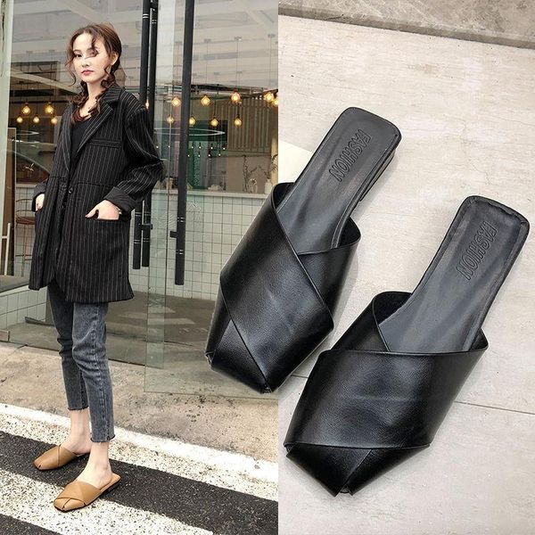 

slippers summer style baotou half women wear lazy beach shoes outside the korean cross flat-heeled square, Black