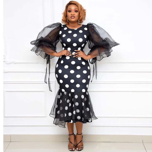 

casual dresses women's fashion printing digital stitching long-sleeved net yarn mid-length skirt dress fishtail, Black;gray