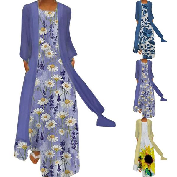 

casual dresses women's plus size dress floral print long-sleeved high-neck slim jacket cardigan two-piece suit robe femme, Black;gray